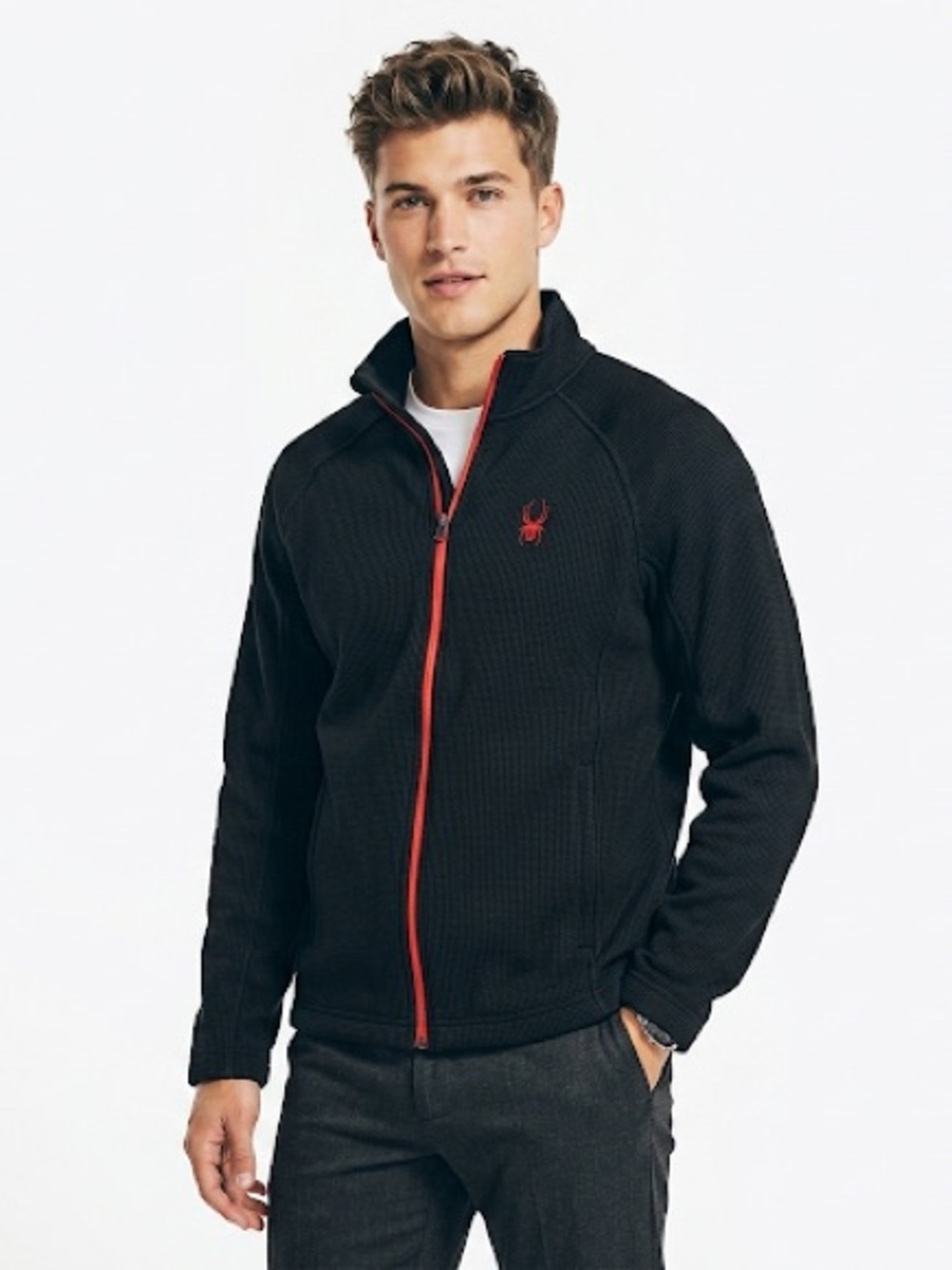 Spyder Men's Constant Full Zip Waffle Knit Sweater Jacket Black Red Large